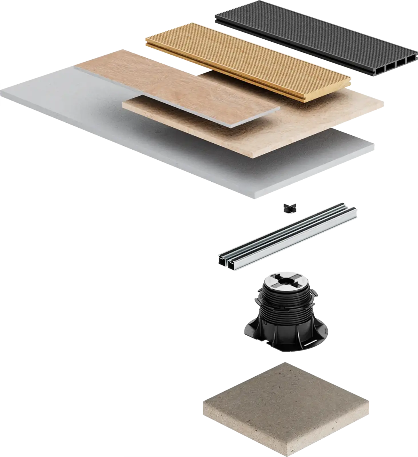 Esploso tecnico di pavimentazione sopraelevata Woodeck con doghe, profili, supporto regolabile e lastra di base